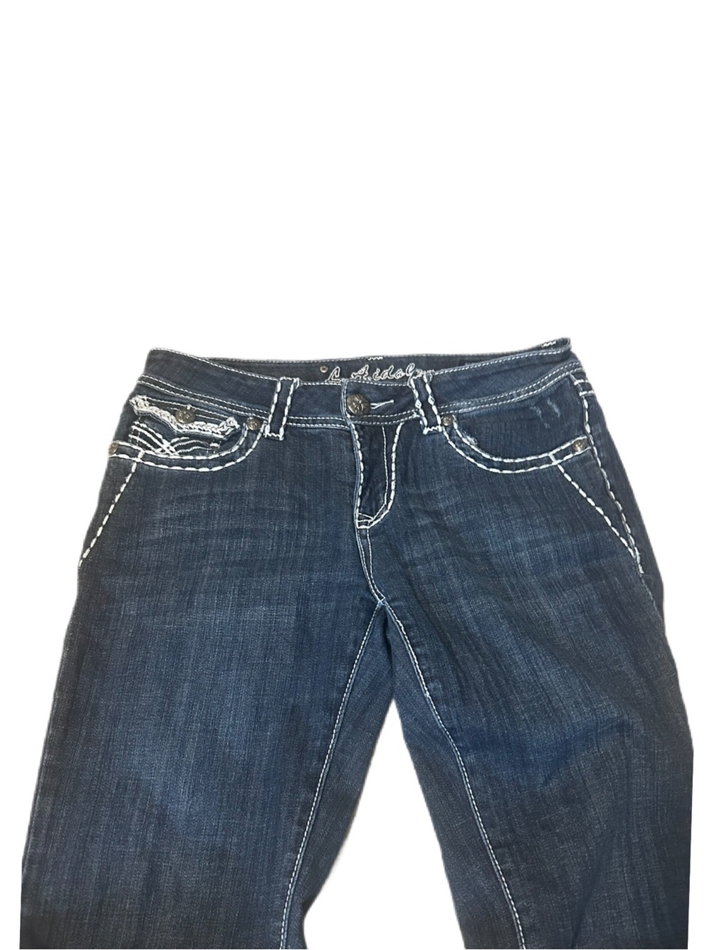 LA IDOL Jeans Dark Blue Flared Women's denim Vintage White Contrast Stitching - Picture 4 of 7
